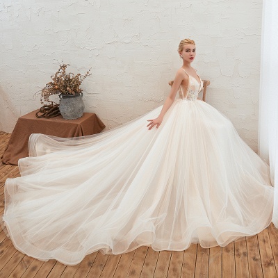 Boho Spaghetti Straps Ivory Ball Gown Tulle Aline Wedding Dress_4