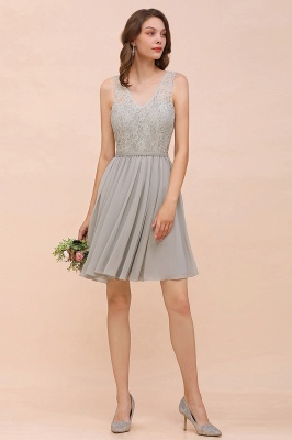 V-Neck Floral Lace Mini Homecoking Dress Grey Simple Chiffon Bridesmaid Dress Party Dress_4