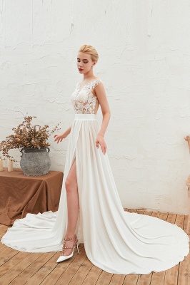 Sexy High Split Cap Sleeve Wedding Dress Sheer Back Ivory Lace Bridal Gown_7