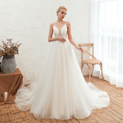 Spaghetti Straps Plunging V-Neck Wedding Dress Low Back Champagne Bridal Gown