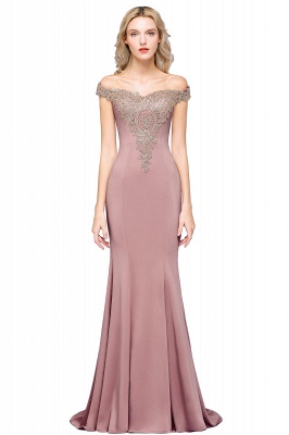 Off the Shoulder Gold Appliques Mermaid Evening Gowns Slim Prom Dress_1