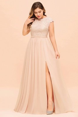 Plus Size Lace Pearl Pink Bridesmaid Dress Short Sleeves Side Split Wedding Party Dress_5