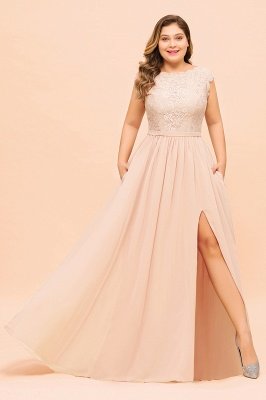 Plus Size Lace Pearl Pink Bridesmaid Dress Short Sleeves Side Split Wedding Party Dress_4
