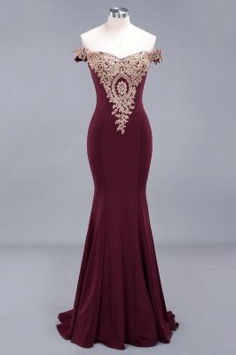 Off the Shoulder Gold Appliques Mermaid Evening Gowns Slim Prom Dress_13