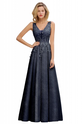 A-Line V-neck Floor-Length Tulle Sequined Prom Dresses_5