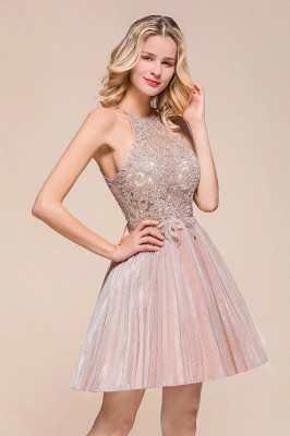 Halter Sparkly Short Homecoming Dress Floral Lace Aline Prom Dress Knee Length_4