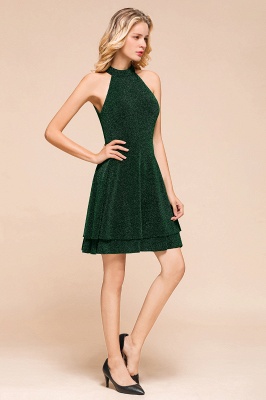 Halter Knee Length Homecoming Dress Sleeveless Dark Green Bright Silk Evening Dress_8
