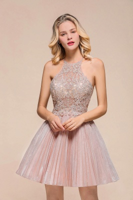 Halter Sparkly Short Homecoming Dress Floral Lace Aline Prom Dress Knee Length_5