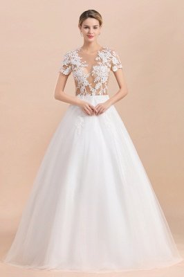 Elegant Short Sleeve Ball Gown White Lace Appliques Wedding Dress