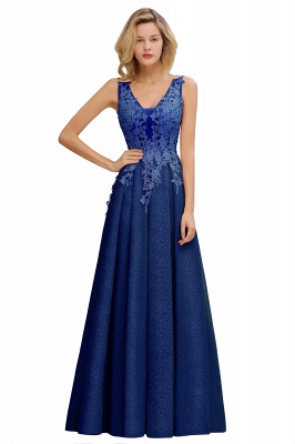 A-Line V-neck Floor-Length Tulle Sequined Prom Dresses_4