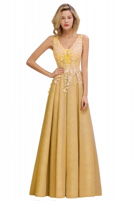 A-Line V-neck Floor-Length Tulle Sequined Prom Dresses_3
