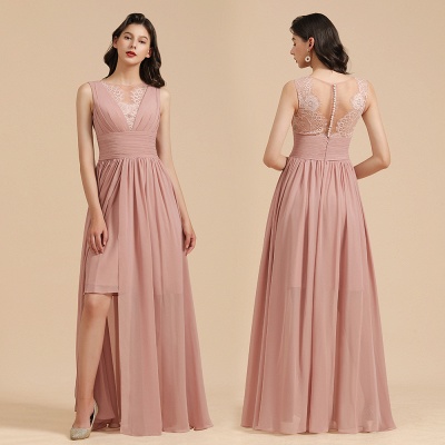 Elegant Dusty Pink Sleeveless Floral Lace Bridesmaid Dress Side Split Party Dress_11