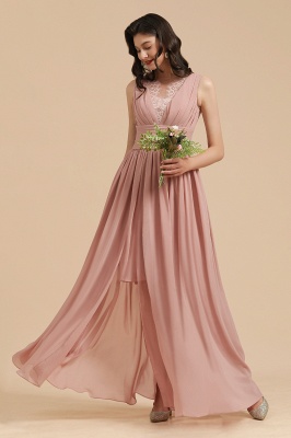 Elegant Dusty Pink Sleeveless Floral Lace Bridesmaid Dress Side Split Party Dress_8