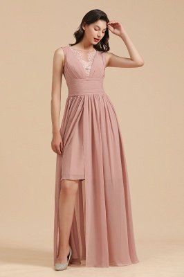 Elegant Dusty Pink Sleeveless Floral Lace Bridesmaid Dress Side Split Party Dress_5