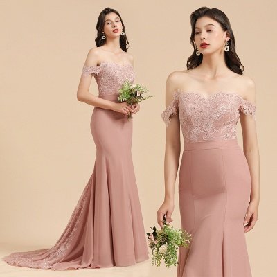 Charming Off the Shoulder Lace Mermaid Party Gown Slim Bridesmaid Dress_10