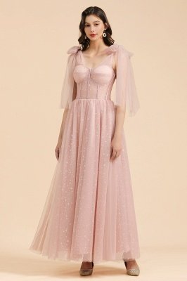 V-Neck Ruffle Chffion Sleeves Aline Bridesmaid Dress Dusty Pink Wedding party Dress