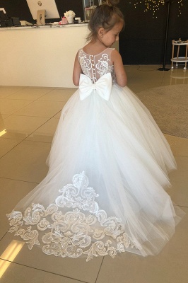 Bowknot Tulle Appliques Button Flower Girl Dress_3