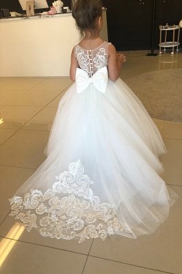 Bowknot Tulle Appliques Button Flower Girl Dress_2