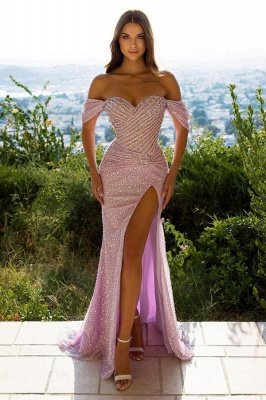 Sparkly Arabic Sweetheart Evening Dress Pink Sequin Sexy Split Prom Dresses_1