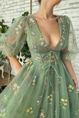 V-Neck Backless Half Sleeve Floral Embroidery Tulle Party Dress_2