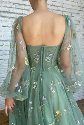 Square Neck Illusion Backless Flory Embroidery Tulle Homecoming Dress_3