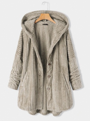 Abrigo casual de felpa con botones y capucha para mujer_3