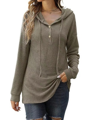 Loose Knit Long Sleeve Button Hooded Sweater_6