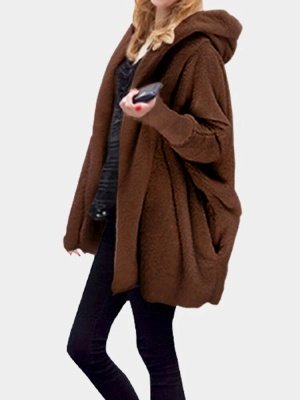Solid Color Long Sleeve Hooded Loose Plush Jacket_15