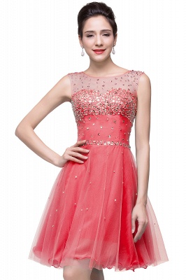 A-line Sleeveless Crew Short Tulle Prom Dresses with Crystal Beads_2