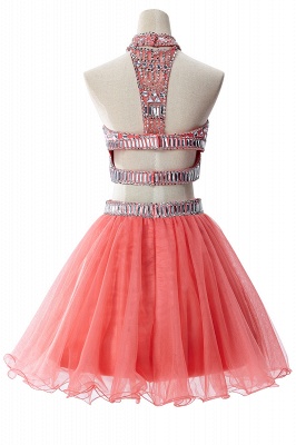 Two-piece Halter Sleeveless Short Tulle Prom Dresses with Crystal Beads_9