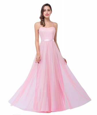 Una línea de novia de palabra de longitud rosa tul volantes vestidos de dama de honor_10