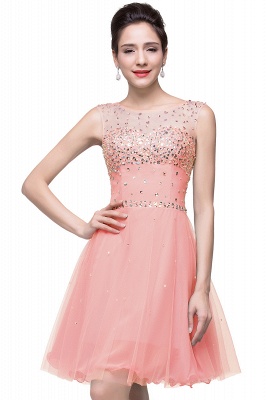 A-line Sleeveless Crew Short Tulle Prom Dresses with Crystal Beads_1