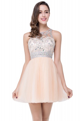 A-line Crew Sleeveless Tulle Short Prom Dresses with Beadings_7