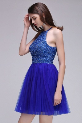 A-line Halter Neck Short Tulle Royal Blue Homecoming Dresses with Beading_5