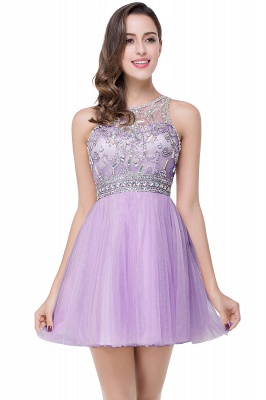 A-line Crew Sleeveless Tulle Short Prom Dresses with Beadings_3