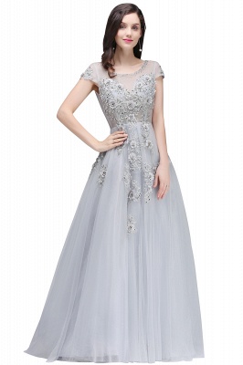 Appliques Tulle A-line Crew Short Sleeves Floor-length  Prom Dresses_5