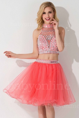 Two-piece Halter Sleeveless Short Tulle Prom Dresses with Crystal Beads_17