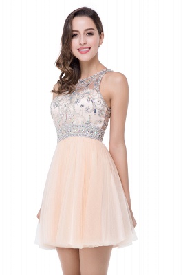 A-line Crew Sleeveless Tulle Short Prom Dresses with Beadings_5