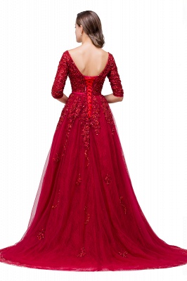 Lace Appliques A-Line Floor-Length V-neck Half Sleeves  Prom Dresses_3