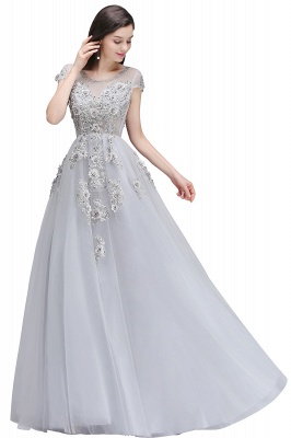 Appliques Tulle A-line Crew Short Sleeves Floor-length  Prom Dresses_2