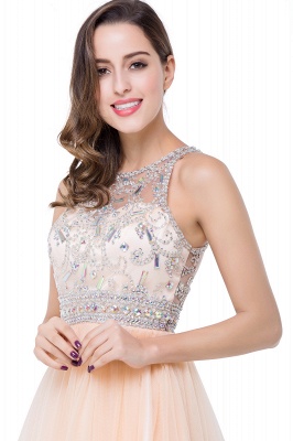 A-line Crew Sleeveless Tulle Short Prom Dresses with Beadings_12