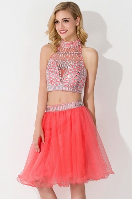 Two-piece Halter Sleeveless Short Tulle Prom Dresses with Crystal Beads_1