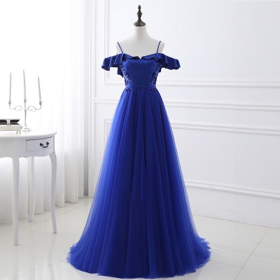 Blue Floor-length Off-the-shoulder Ball Gown Tulle Prom Dress_5