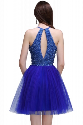 A-line Halter Neck Short Tulle Royal Blue Homecoming Dresses with Beading_3