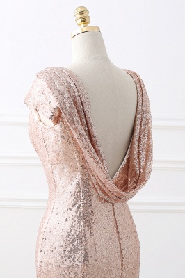 Rosy Golden Fit and Flare Sequined Sweep train Prom Dress_9