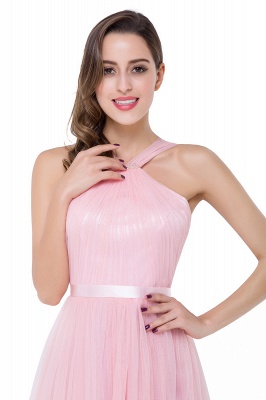 Sheath Floor-length Pink Tulle Bridesmaid Dresses with Ribbon Sash_10