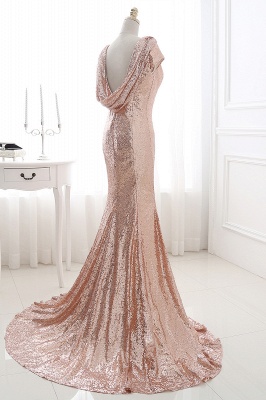 Rosy Golden Fit and Flare Sequined Sweep train Prom Dress_8