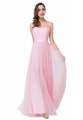 Una línea de novia de palabra de longitud rosa tul volantes vestidos de dama de honor_4