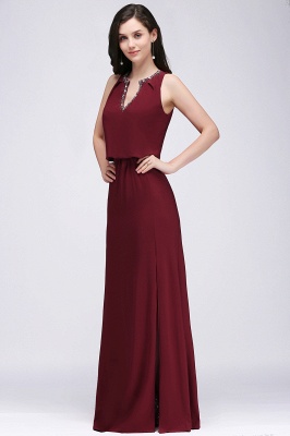 A-line V-neck Floor-length Sleeveless Burgundy Prom Dresses with Crystal_1