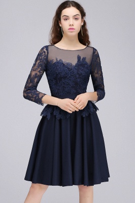 A-line Sheer Neck Short Dark Navy Homecoming Dresses with Lace Appliques_4